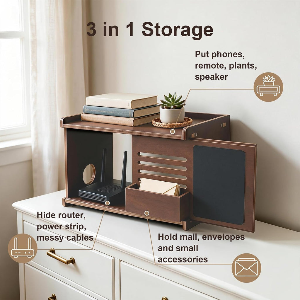 WiFi Router Box Hider with Front Storage & Chalkboard, Wooden Router Shelf
