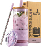 Glass Cups With Lids and Straws -20 Fl Oz- Perfect Size Iced Coffee Cup - Smoothie Cup With Bamboo Lid and On the go Lid - Glass Tumbler With Straw