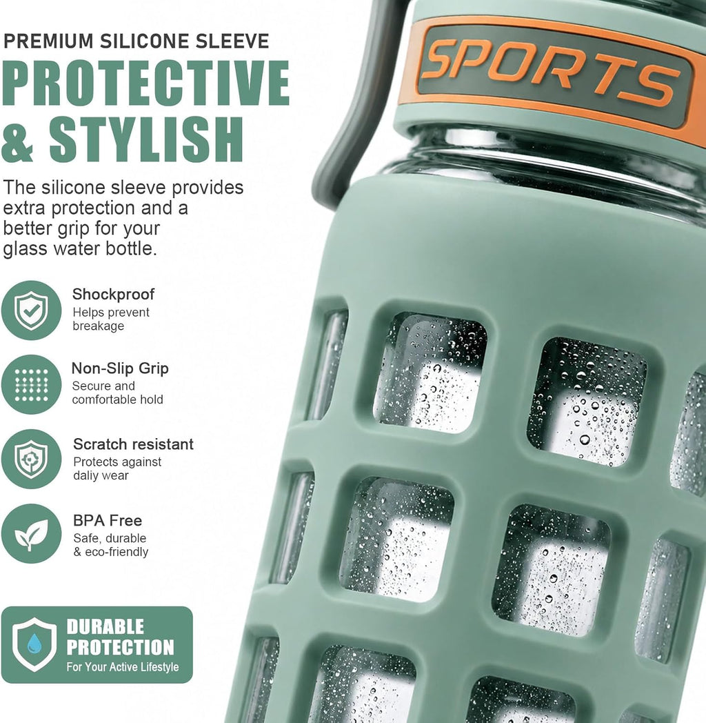32 oz Borosilicate Glass Water Bottle, 2-in-1 Lid with Silicone Sleeve, Green
