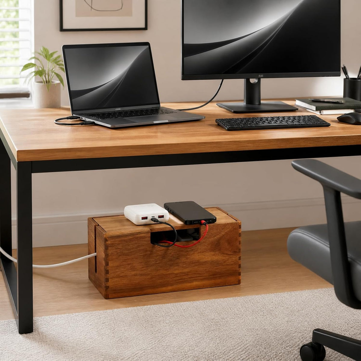 Acacia Wood Cable Management Box, Organizer for Power Strips, TV Wires & Desk Cables