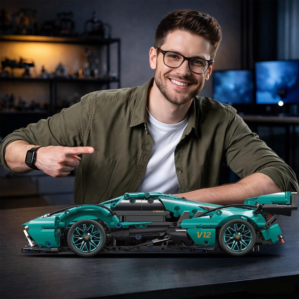 1:14 Blue Race Car Building Blocks, 981-Piece Supercar Model Kit