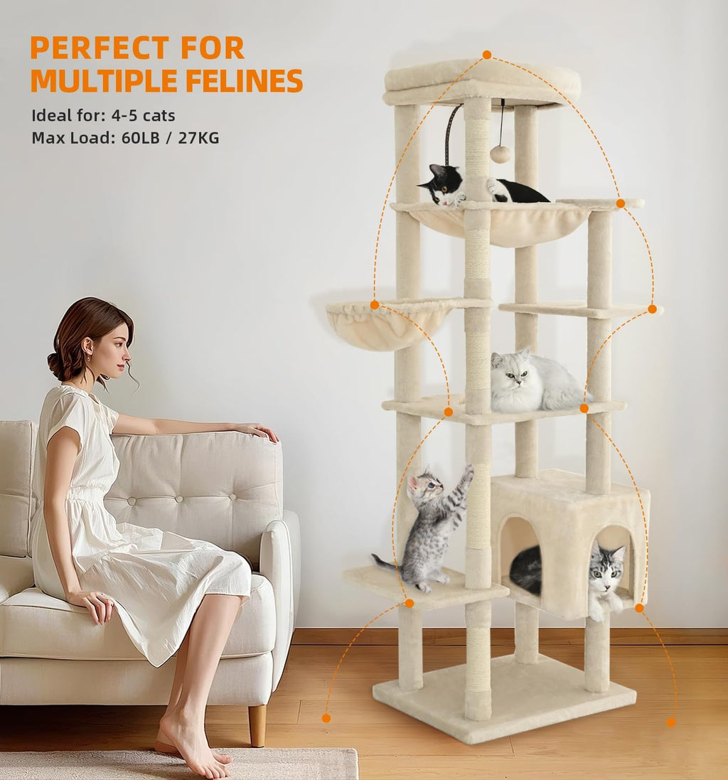 Made4Pets 71" Tall Cat Tree, Multi-Level Tower with Condo, Hammocks & Perches