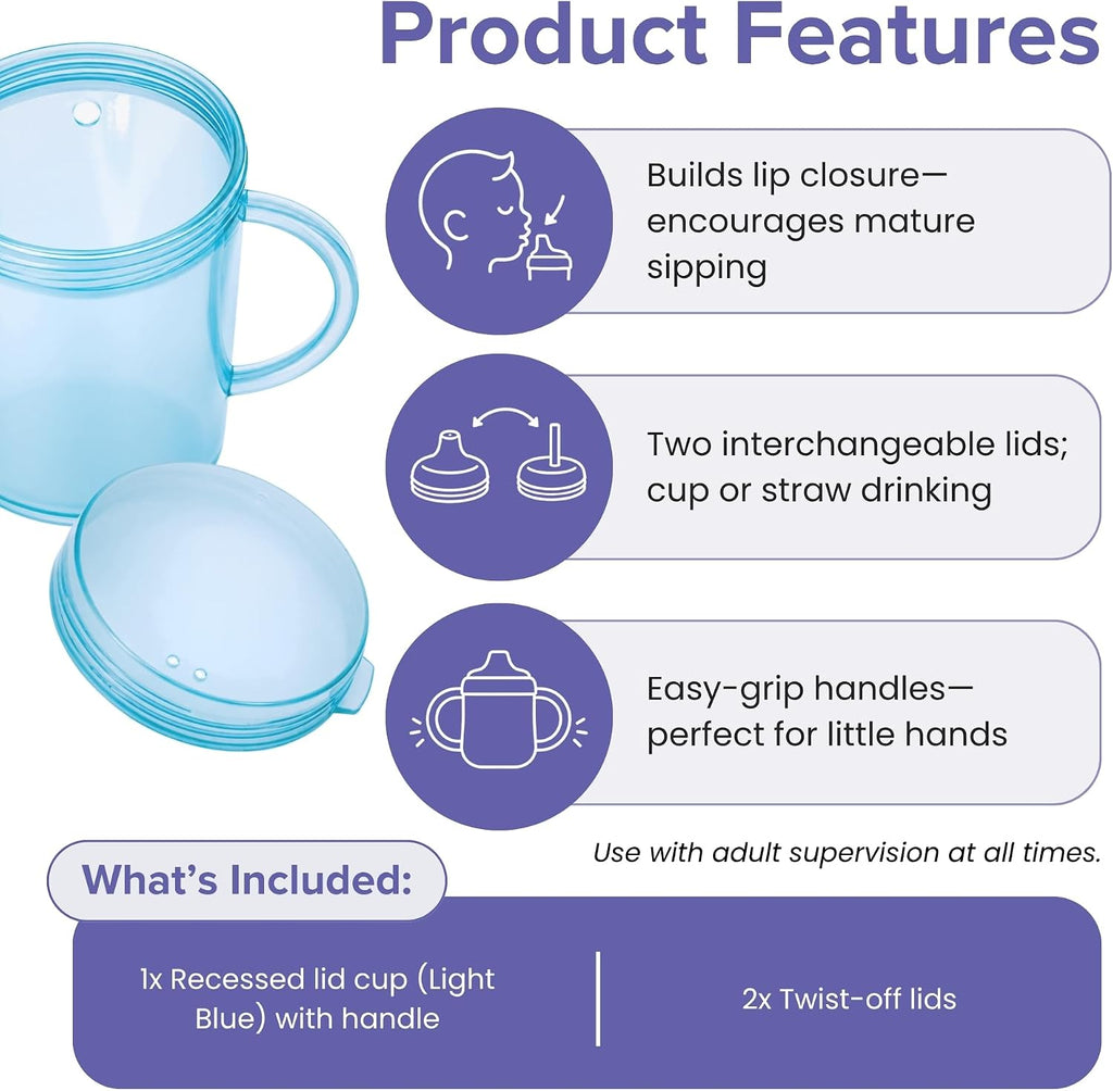 Recessed Lid Cup with Handles - Leak Proof | Promotes Oral Motor Skills, Lip Closure, and Self Feeding | Alternative to Sippy Bottle | Food Grade Materials | Dishwasher Safe (Light Blue)