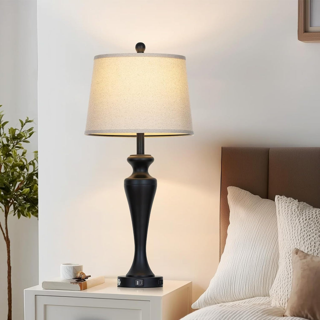 30" Black Table Lamps | Set of 2 | Touch Control | 3-Way Dimmable | USB A+C Ports | AC Outlet | Modern Metal | 2 Bulbs Included