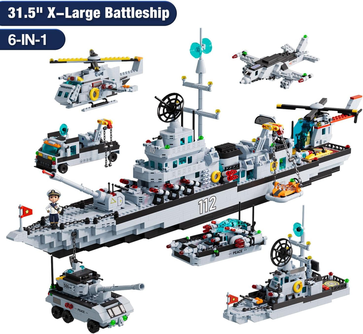 6-in-1 Battleship Building Set, Military Navy Warship Model, 1,456+ Pieces