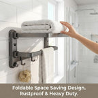 Bathroom Towel Rack, Double Foldable Wall Mounted Shelf with Suction Cups and Hooks