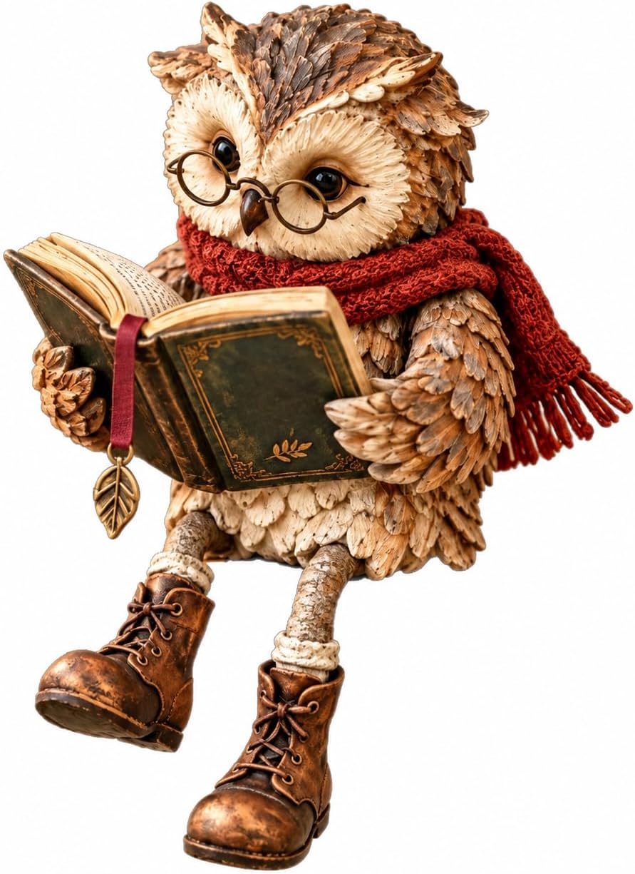 Reading Owl Figurine with Book, Owl Statue for Bookshelf Decor, 15x10x18 cm Reading owl figurine with book for bookshelf, desk, reading nook, shelf, and home decor; 15 x 10 x 18 cm, 240 g.