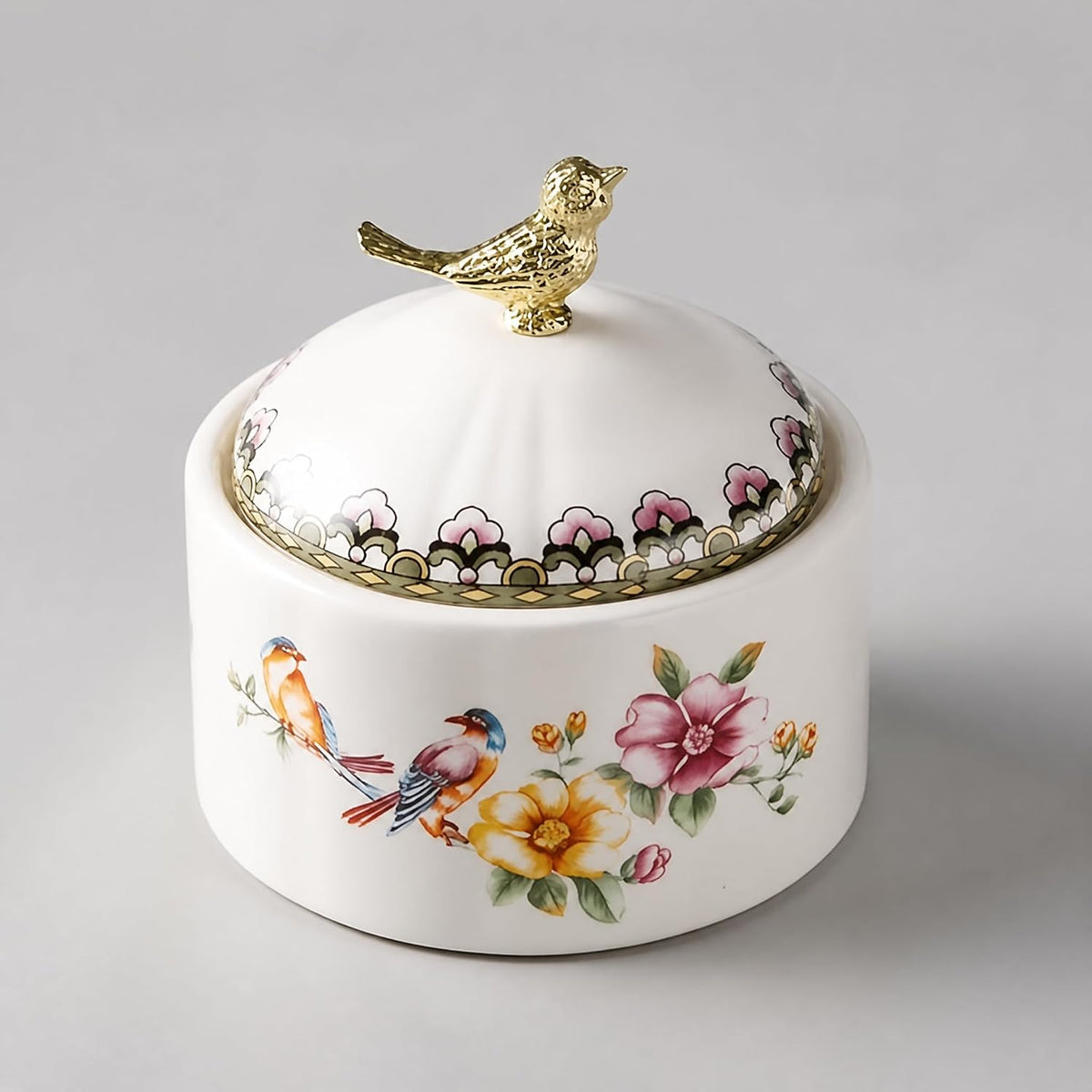 Ceramic Sugar Bowl with Lid, Floral Bird Vintage Kitchen Storage Canister