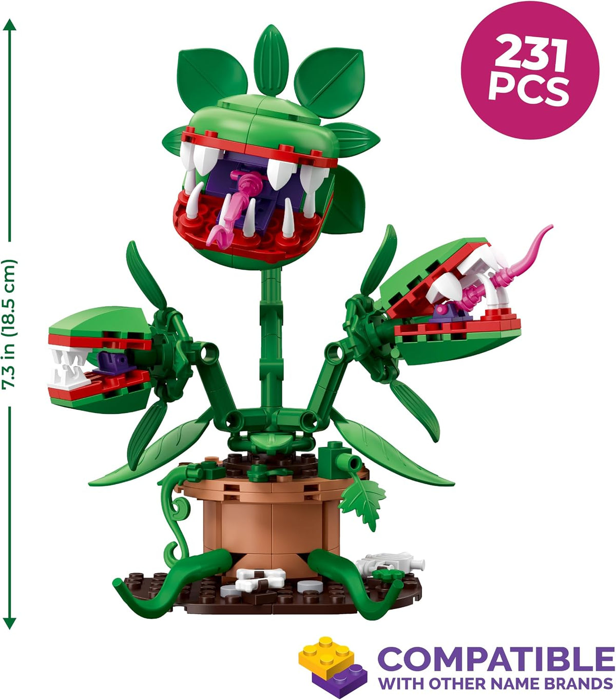 Monster Plant Building Set, 231-Piece Posable Three-Headed Carnivorous Plant Model