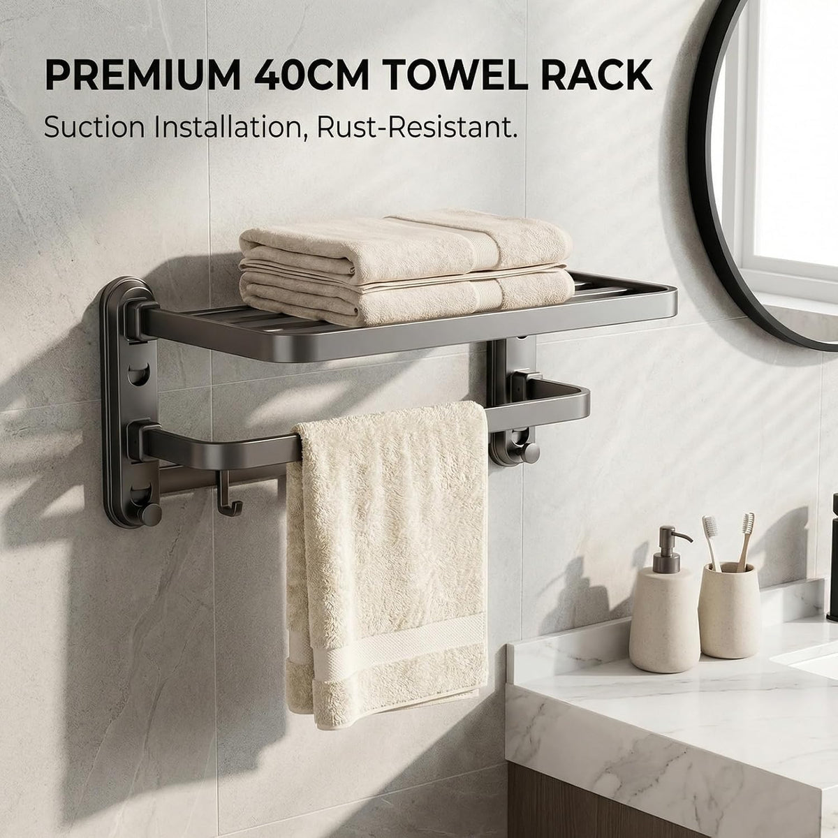 Bathroom Towel Rack, Double Foldable Wall Mounted Shelf with Suction Cups and Hooks