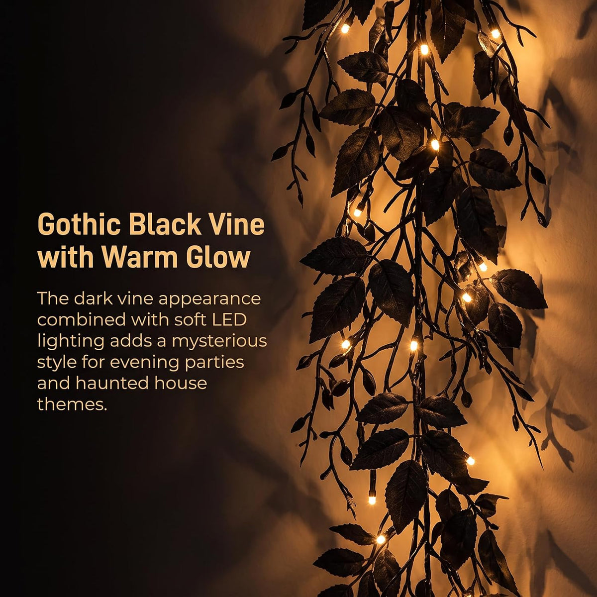 Halloween Garland with Lights Black Vine Mantel Decor (1.8M) Spooky Lighted Design Creates A Dark Holiday Atmosphere For Mantels, Stairs, Doors And Party Spaces.