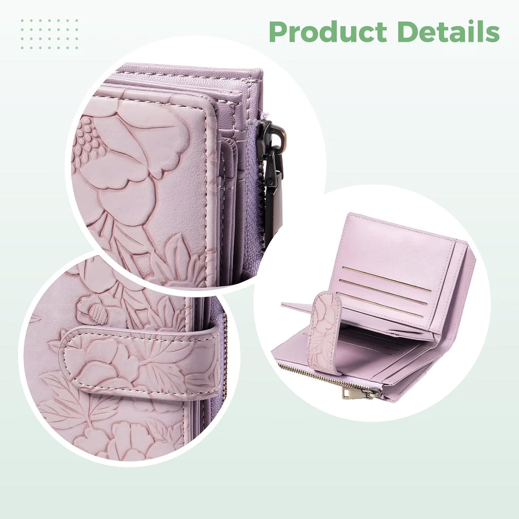 Wallet for Women, Embossed PU Leather Trifold Short Purse, RFID Blocking Credit Card Holder with Card Slots, Coin Pocket, Buckle Closure, Metallic Zipper