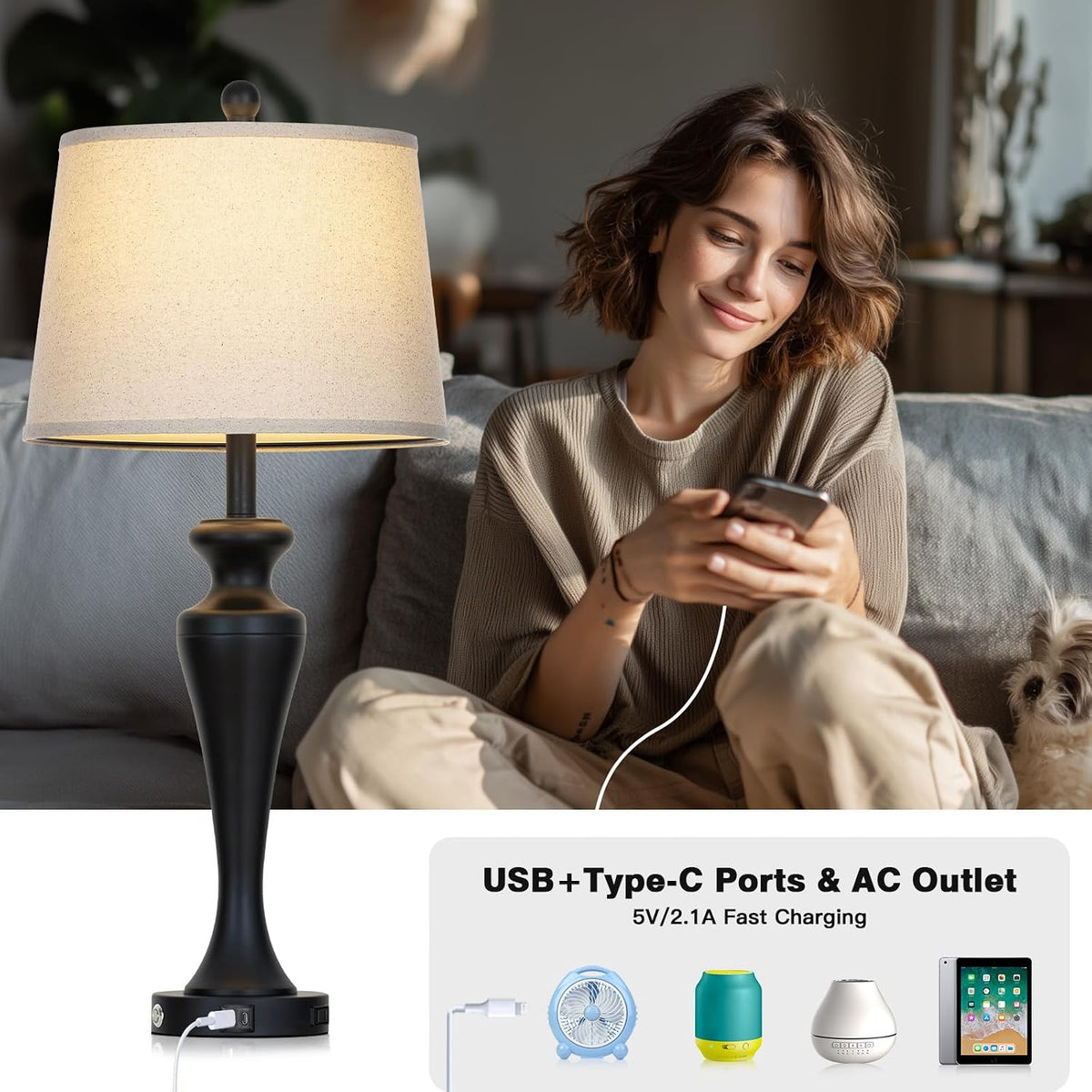 30" Black Table Lamps | Set of 2 | Touch Control | 3-Way Dimmable | USB A+C Ports | AC Outlet | Modern Metal | 2 Bulbs Included