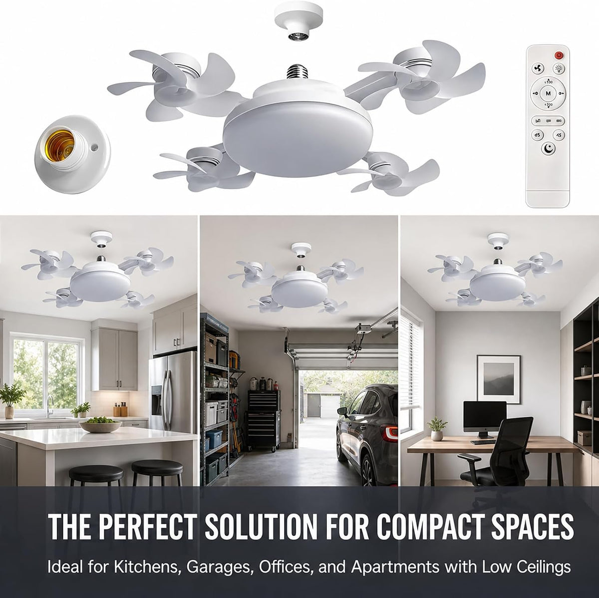 Socket Fan Light With Remote, LED Ceiling Fan Light, Socket Ceiling Fan With Light, 3 Speeds Fan And 3 Color Temperatures