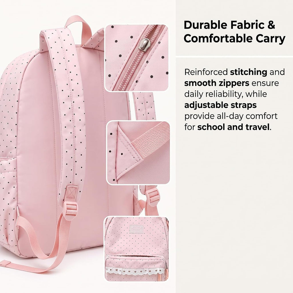 Coquette Backpack Light Yellow Lace Backpack With Bow Accessories, Cute Kawaii Daypack For Laptop, Polka Dot Design (Pink)