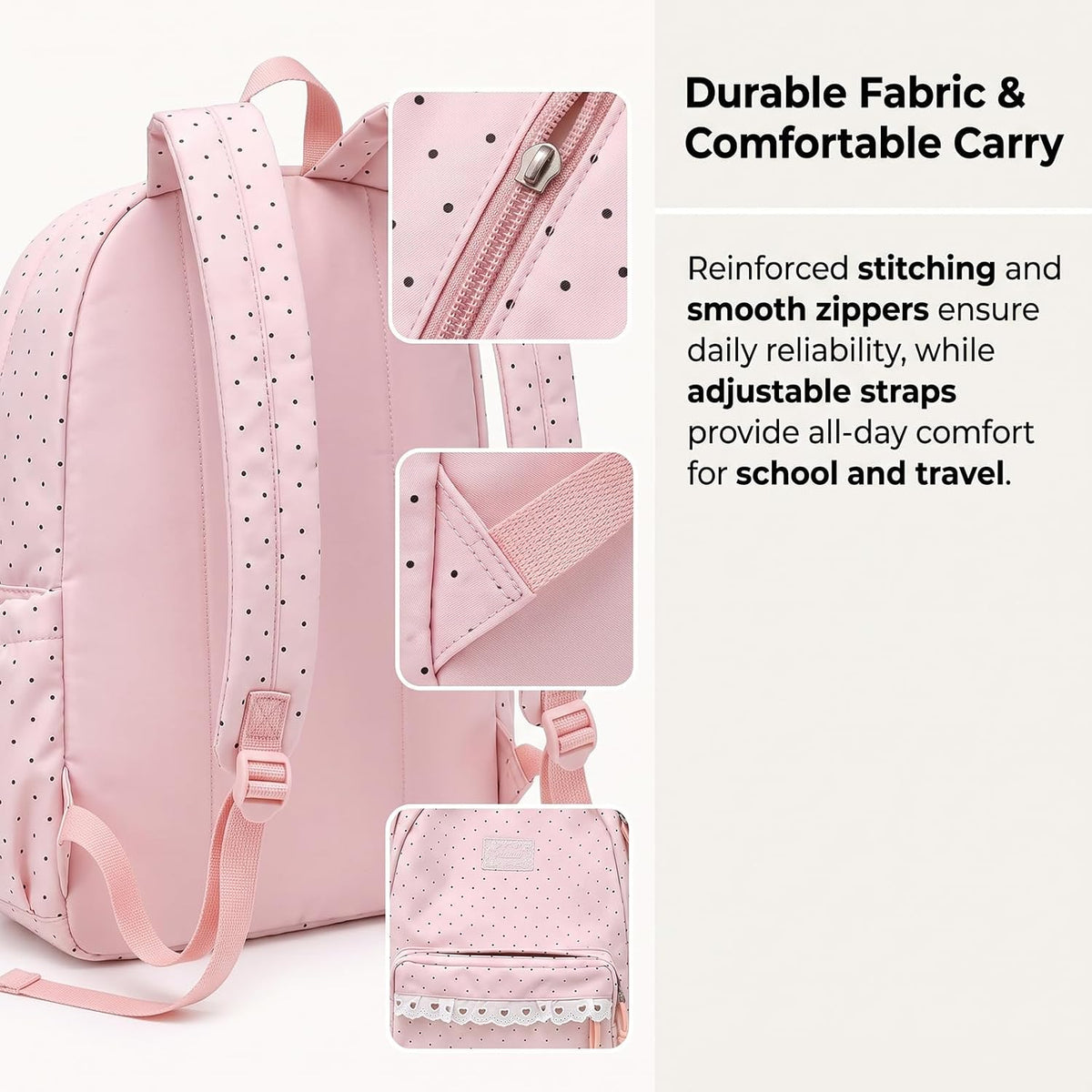 Coquette Backpack Light Yellow Lace Backpack With Bow Accessories, Cute Kawaii Daypack For Laptop, Polka Dot Design (Pink)