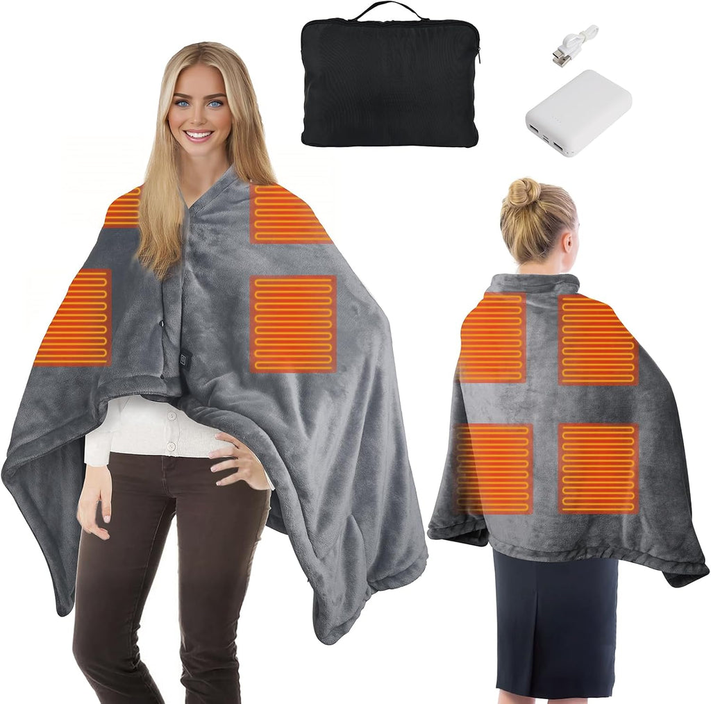 Cordless Wearable Heated Blanket, USB Electric Throw Shawl with Power Bank