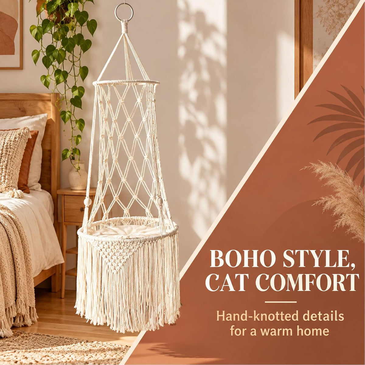 Macrame Cat Bed Hanging, Handwoven Boho Hanging Cat Bed
