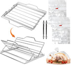 Adjustable Roasting Rack with Lift for Turkey Chicken, Roasting Rack Insert, Fits 9x13 Pan, Non-Stick Heavy Duty Stainless Steel Cooking Rack for Oven, Grill, Smoker, BBQ