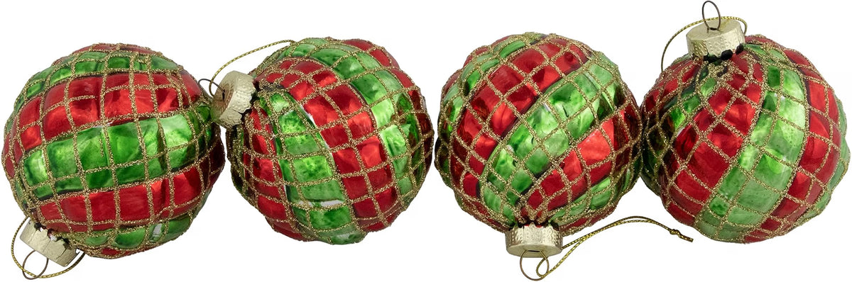 Glitter Lattice Striped Christmas Glass Ball Ornaments - 3" (80mm) - Red and Green - 4ct