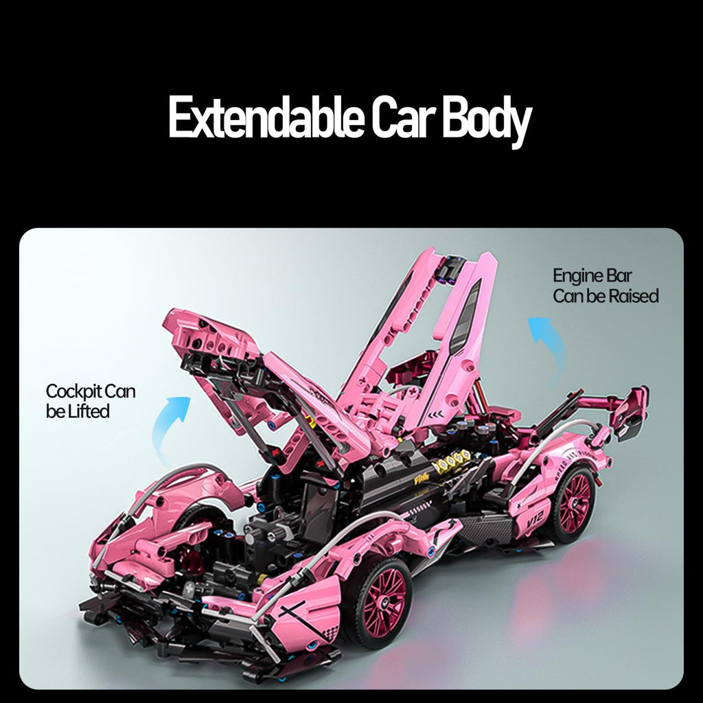 Pink Sport Racing Car Building Blocks, 1:14 Supercar Model Kit