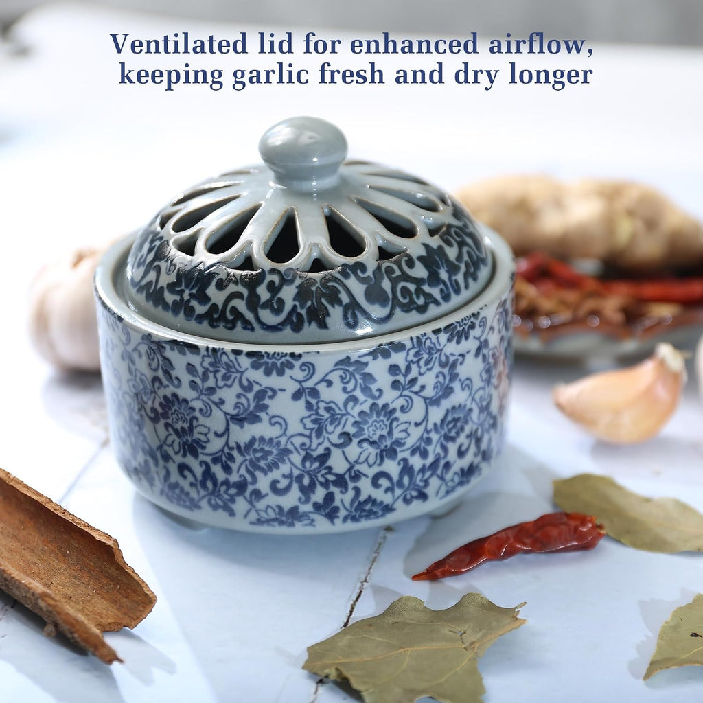 Ceramic Garlic Keeper with Breathable Lid, 4-Inch Countertop Storage Container