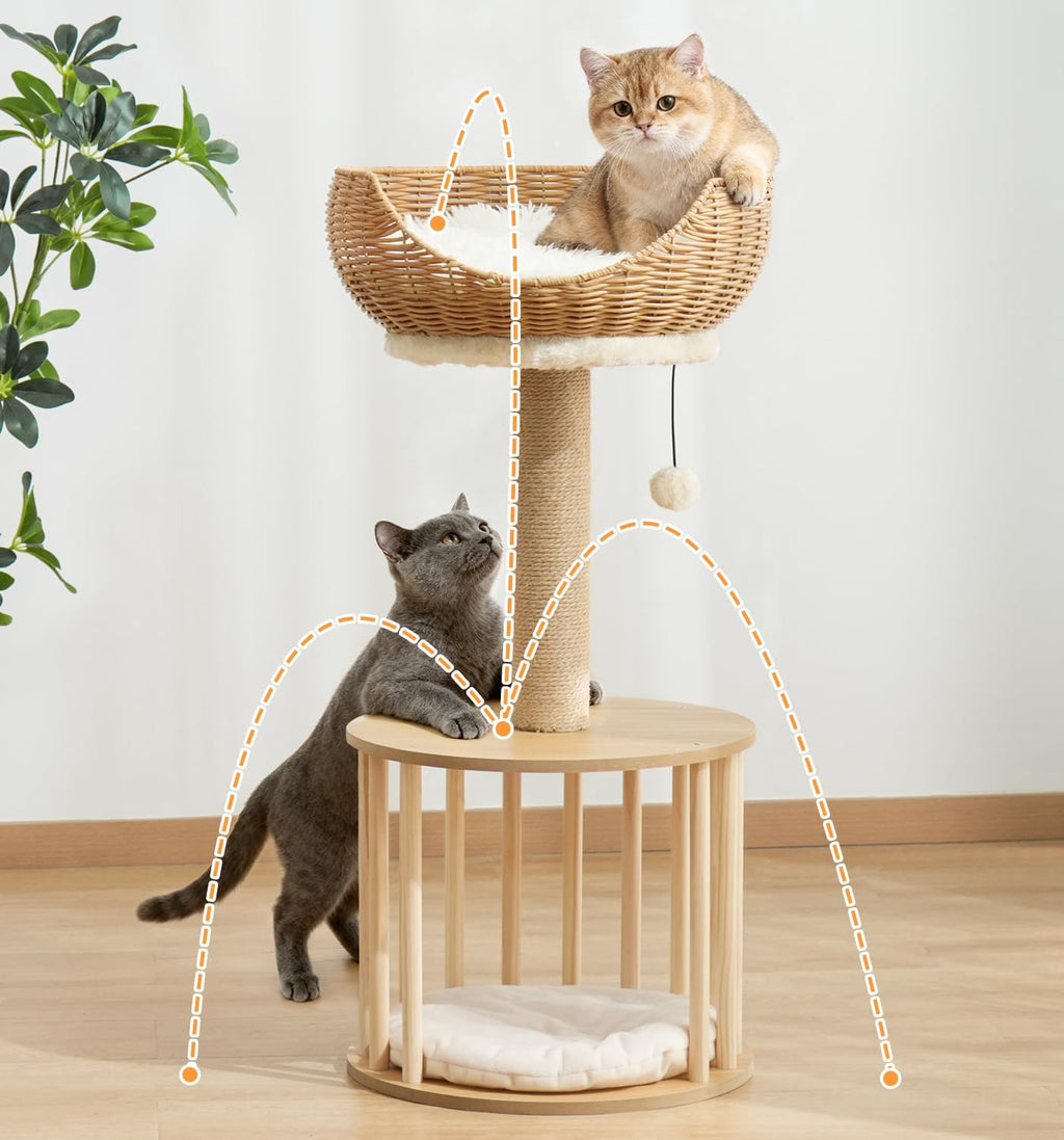 Modern 30" Cat Tree, Hand-Woven Basket Condo with Scratching Post
