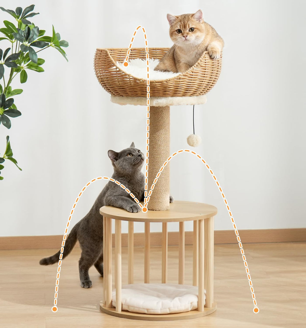 Modern 30" Cat Tree, Hand-Woven Basket Condo with Scratching Post