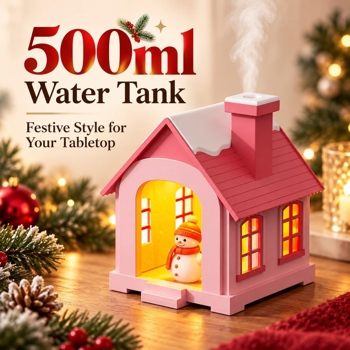 christmas village humidifier, 500ml Snow House with Light & Chimney Mist