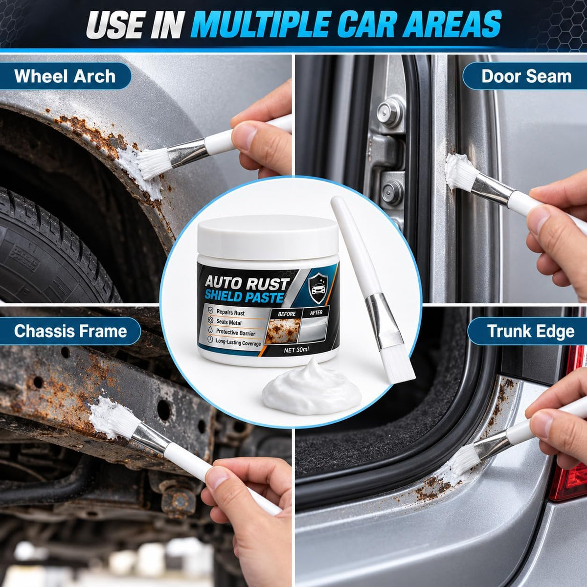 Car Metal Rust Repair Paste with Brush, 30ml Auto Rust Shield Paste (2 Pcs) 30ml car metal rust repair paste with brush for localized vehicle metal care; choose 1-piece, 2-piece, or 3-piece options.