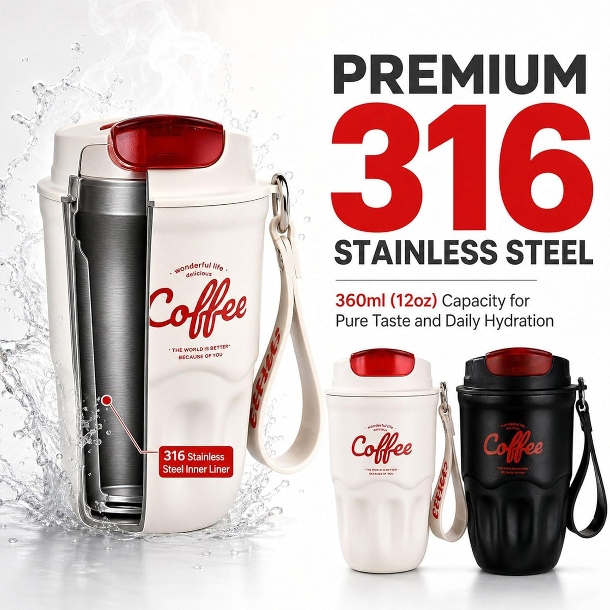 12OZ Coffee Vacuum Flask, Insulated Coffee Cup with 316 Stainless Steel Liner and Smart Temperature Display, Portable Travel Mug for Home Office Travel (Black,Standard)