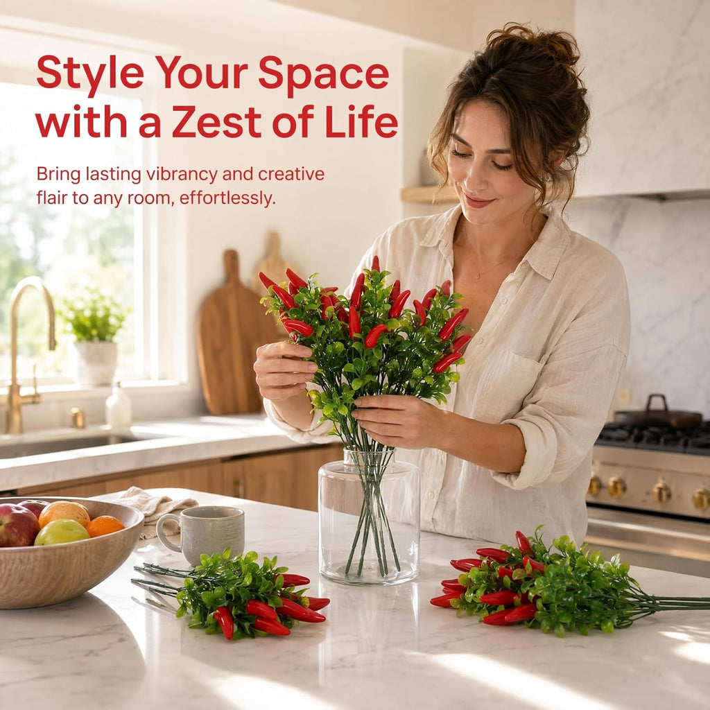 3pcs Lifelike Faux Red Chili Pepper Stems Decorative Artificial Twigs for DIY Floral Arrangements Plastic Simulation Green Plants for Home Decor
