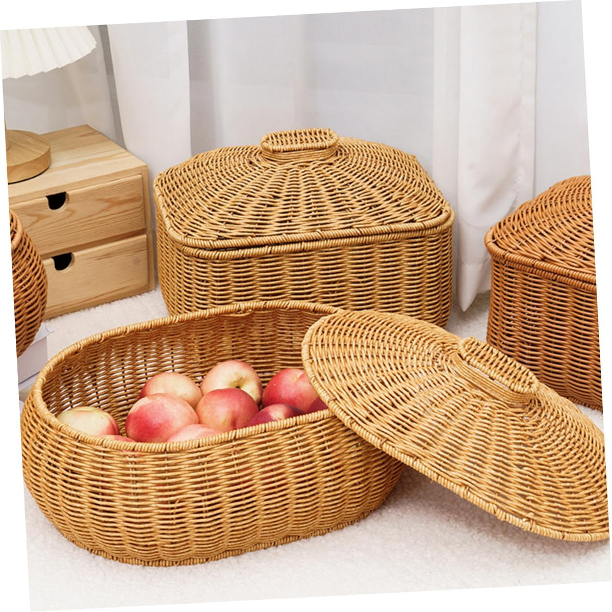 Rattan Woven Storage Basket Fruit Bin with Lid, Large Capacity Natural Decorative Design for Home Organization, Lightweight Strong Construction, for Snacks