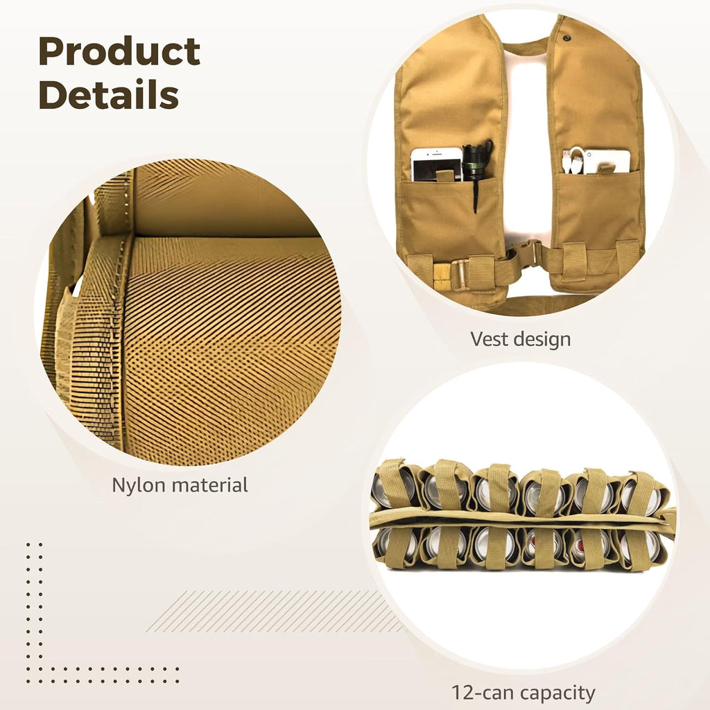 12-Pack Drink Vest, Brown Adjustable Canvas Beer Holder Vest with Pockets
