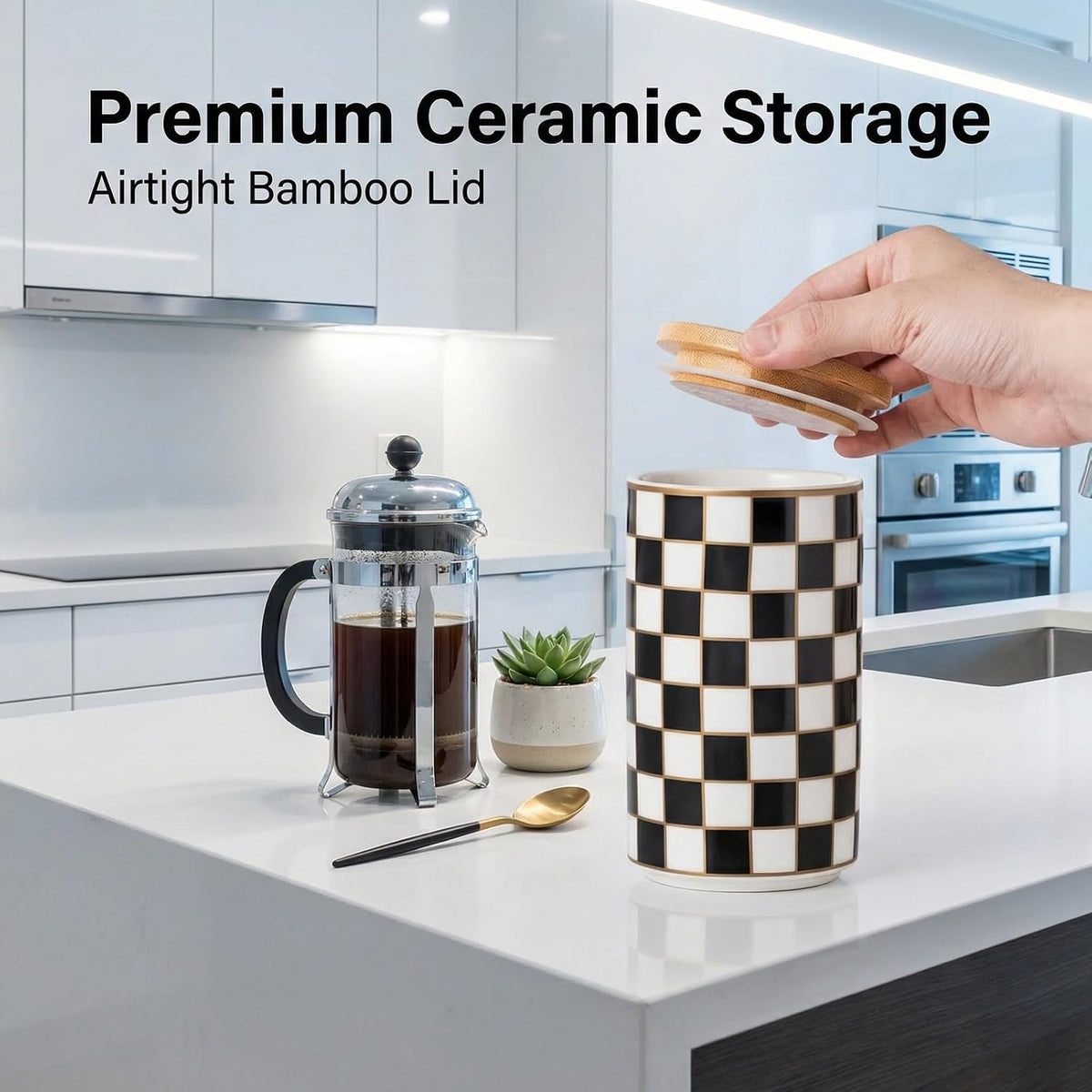 Ceramic Canister, Airtight Kitchen Canister for Coffee, Tea & More, Large Black Checkered