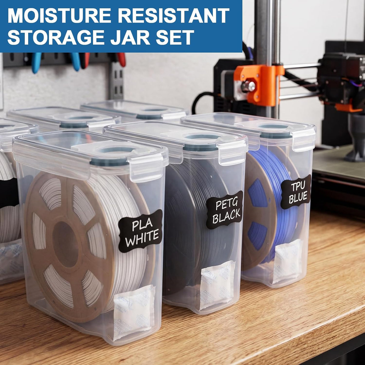 Filament Storage Box, Airtight Container for Single 500g Small Spools 4 pcs Transparent Airtight Dry Storage Boxes with Desiccants and Label for 3D Printer Filament Sealing and Protection