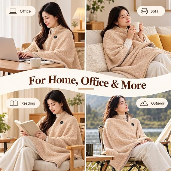 Heated Shawl, Wearable Heated Blanket with 8 Panels, 3 Heat Levels, USB 8 carbon-fiber heating panels in 4 center zones with 3 heat levels; requires a 5V/2A USB power source.
