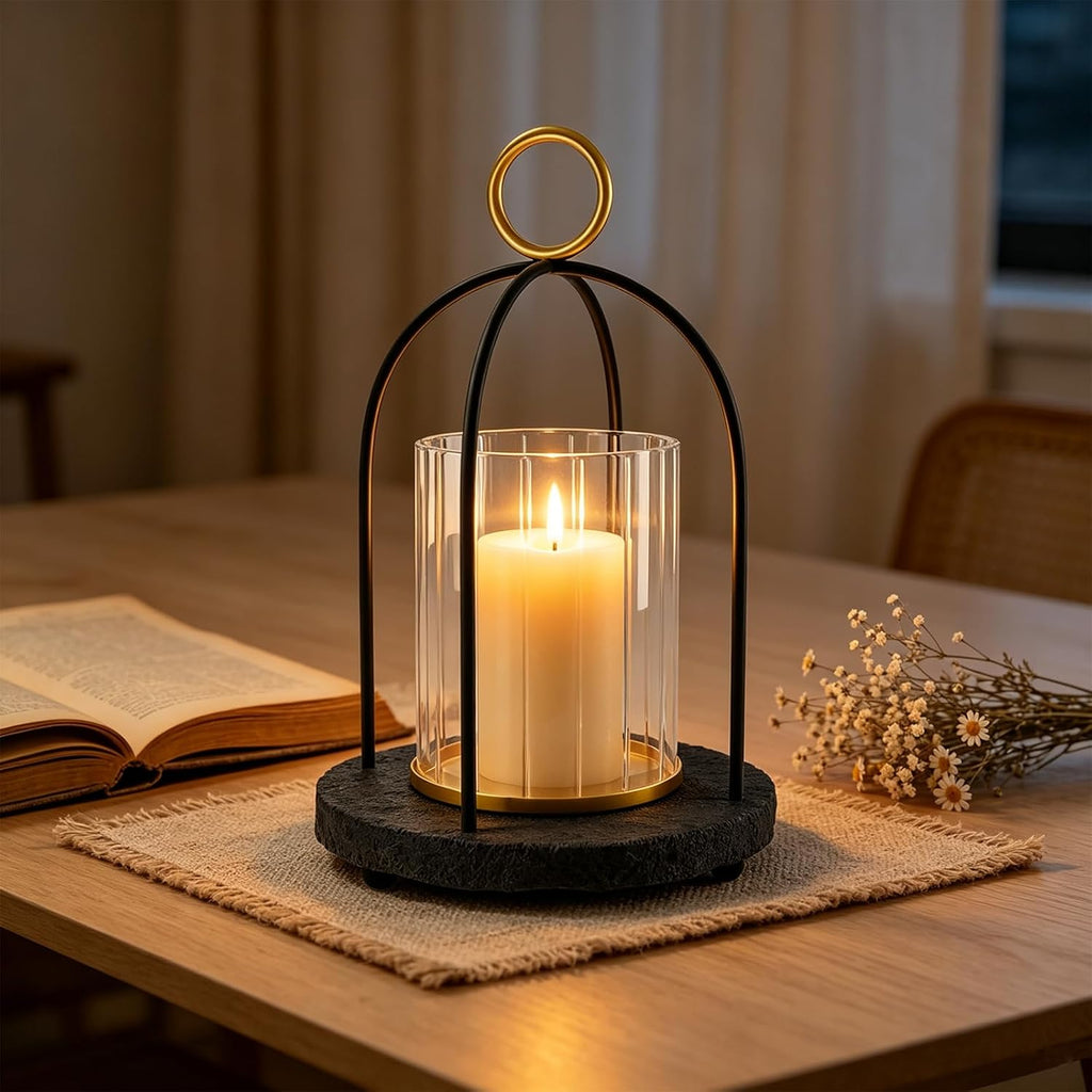 Hurricane Glass Candle Holder with Resin Base, Pillar Candle Lantern Black
