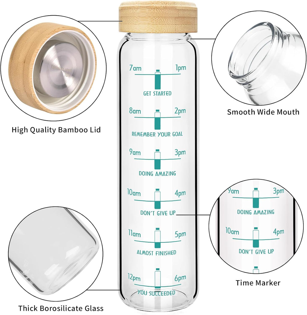 32 oz Borosilicate Glass Water Bottle with Straw, Time Marker & Bamboo Lid