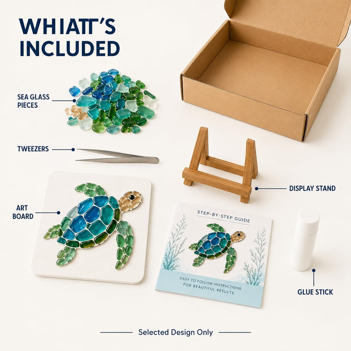 DIY Sea Glass Art Kit, Mosaic Craft Kit with Board, Stand and Glue (Type A) Sea glass art kit with board, stand, tweezers, instructions and glue stick for creating an ocean-inspired display.