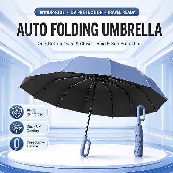Creative Ring Buckle Windproof Reinforced Umbrella, Sunny Umbrella Automatic Folding Umbrella - Reverse Auto Open for Commuting and Outdoor Use