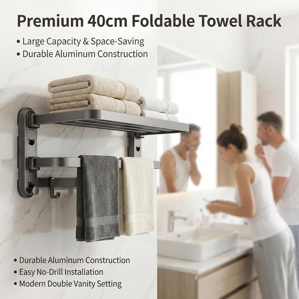 Bathroom Towel Rack, Double Foldable Wall Mounted Shelf with Suction Cups and Hooks