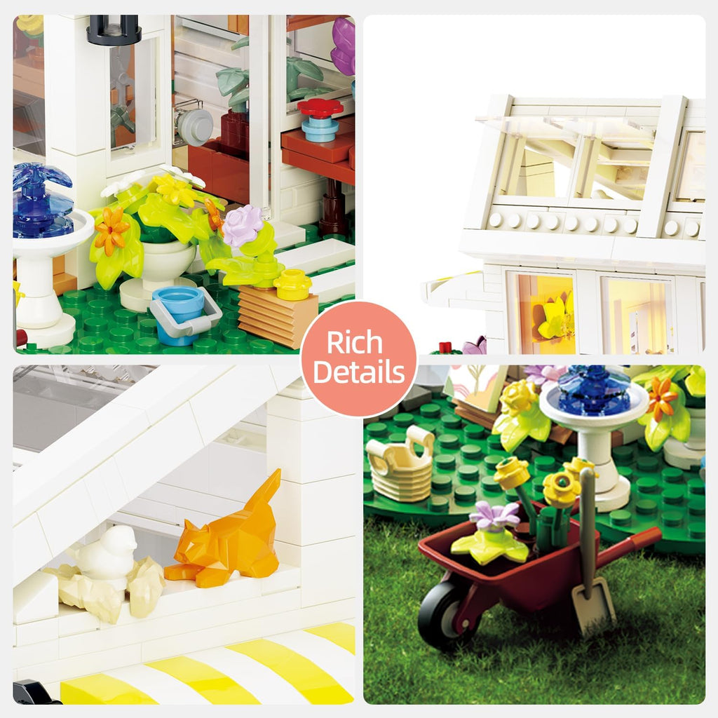 Flower House Building Blocks, Botanical Greenhouse Set with LED Light, 832 Pieces