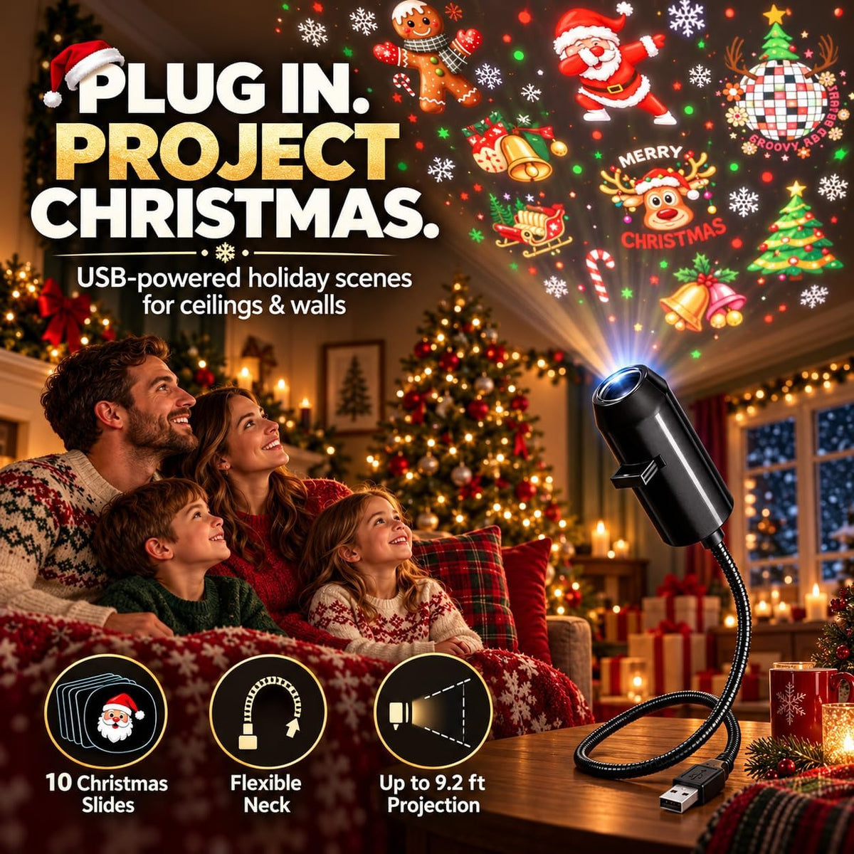 Plug and Play HD Christmas Projector, USB Christmas Projector Indoor USB 5V, 3W projector with flexible neck, slide accessory, and up to 9.2 ft projection distance for indoor holiday displays.