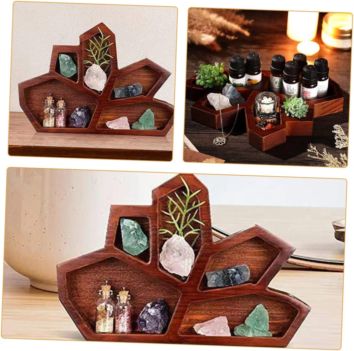 Wooden Crystal Display Plate for Jewelry and Essential Oils Natural Wood Texture, Unique Shape, Decorative Organizing Tray for Dresser or Store, Brown Finish