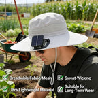 Solar Powered Fan Hat, Wide Brim Bucket Hat with Fan, Solar & USB Charging for Beach Gardening Travel