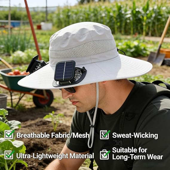 Solar Powered Fan Hat, Wide Brim Bucket Hat with Fan, Solar & USB Charging for Beach Gardening Travel