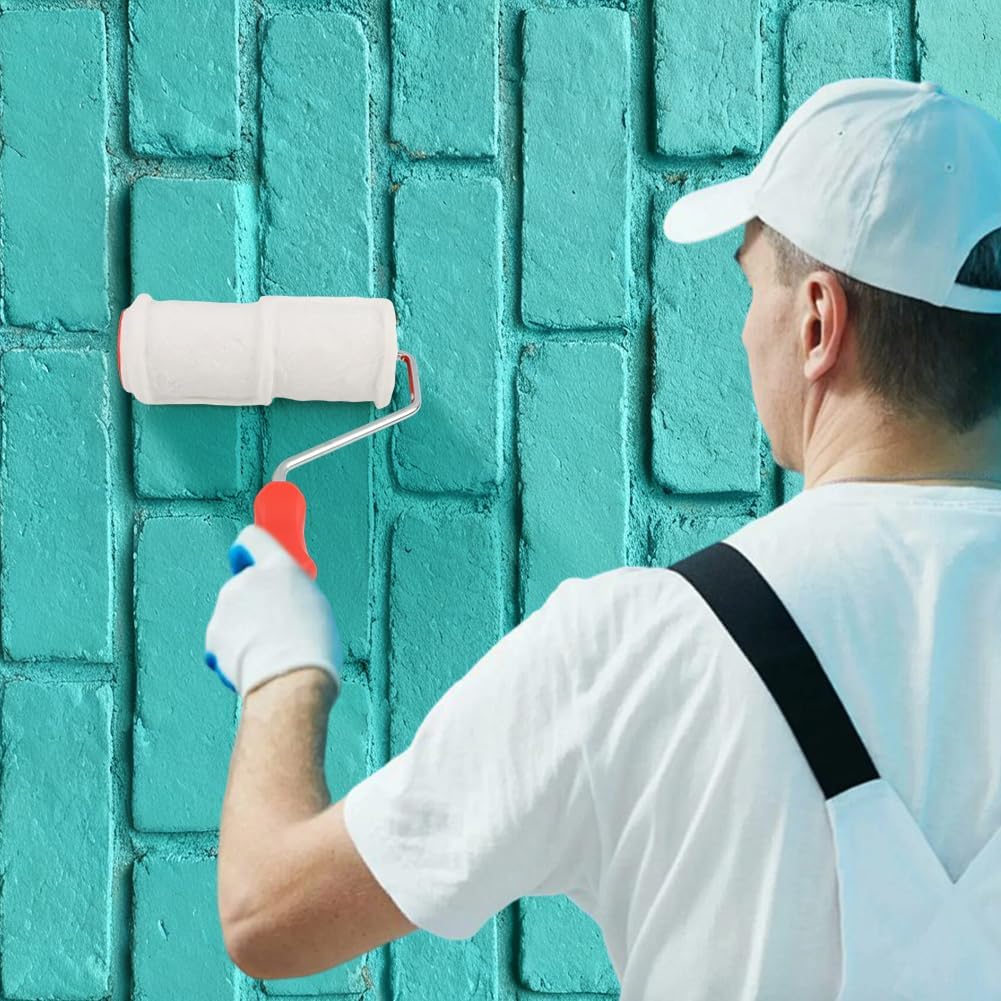 Brick Embossing Roller, Embossing Cylinder Painting Roller with Handle Rubber Imitation Brick Pattern, Household DIY Paint Art Tool for Wall/ Home Renovation/ Concrete Floor Decor