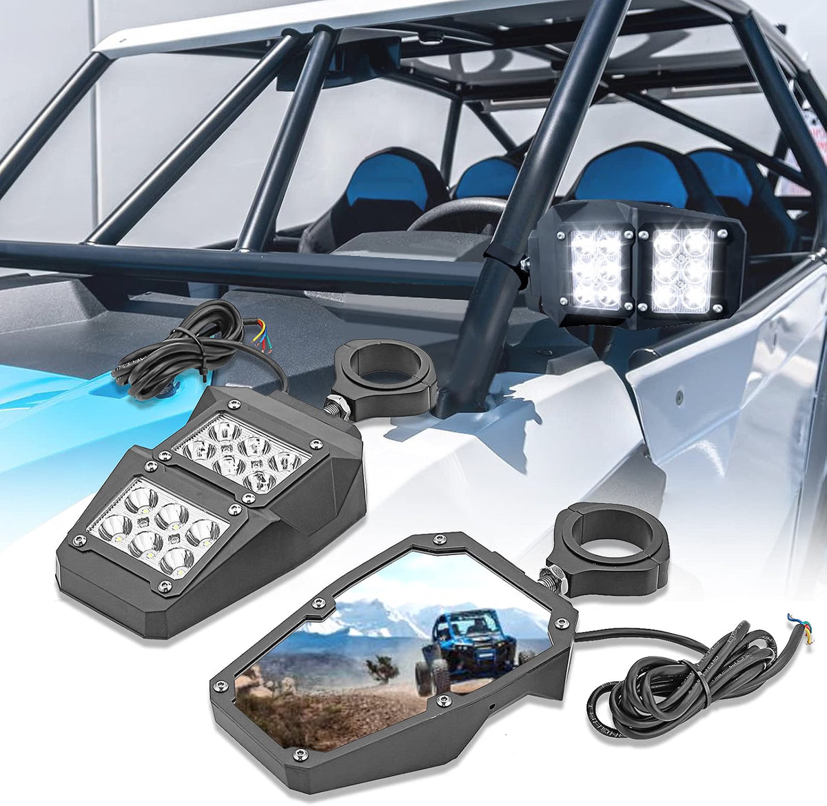 UTV Side Mirrors with Light For 1.75" - 2" Round Tube Roll Bar