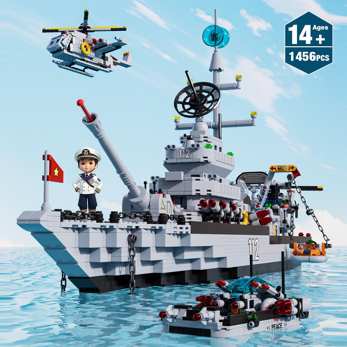 6-in-1 Battleship Building Set, Military Navy Warship Model, 1,456+ Pieces